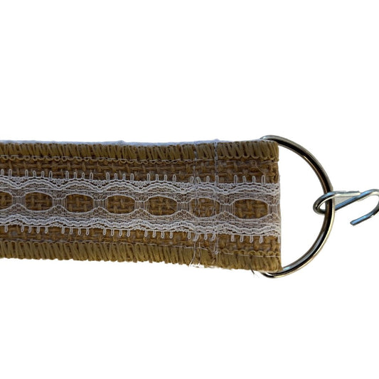Designer seat straps Tan Canvas and White Lace